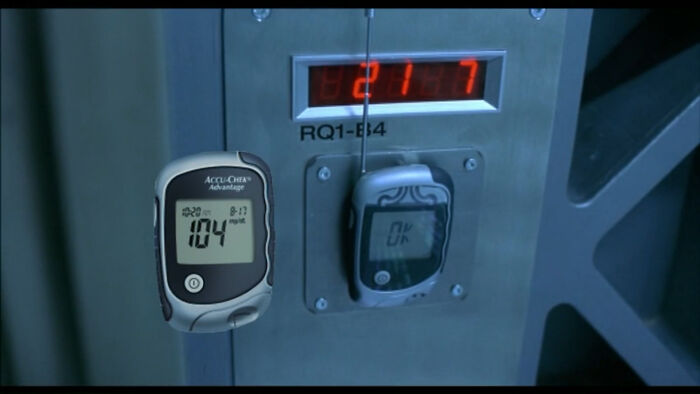 In Resident Evil(2002), the transmitter that cracks access codes is a glucose meter with an antenna.