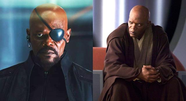 Samuel L. Jackson playing the character of Nick Fury and Mace Windu