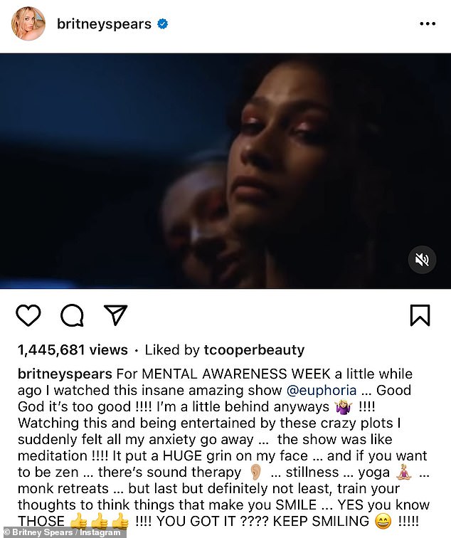 The instagram post by Spears praising Euphoria