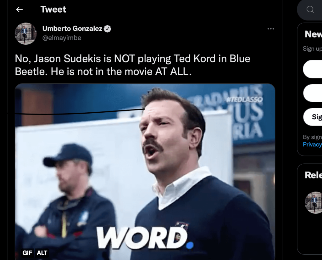 screenshot of Umberto Gonzalez's Tweet about Jason Sudeikis involvement in Blue Beetle