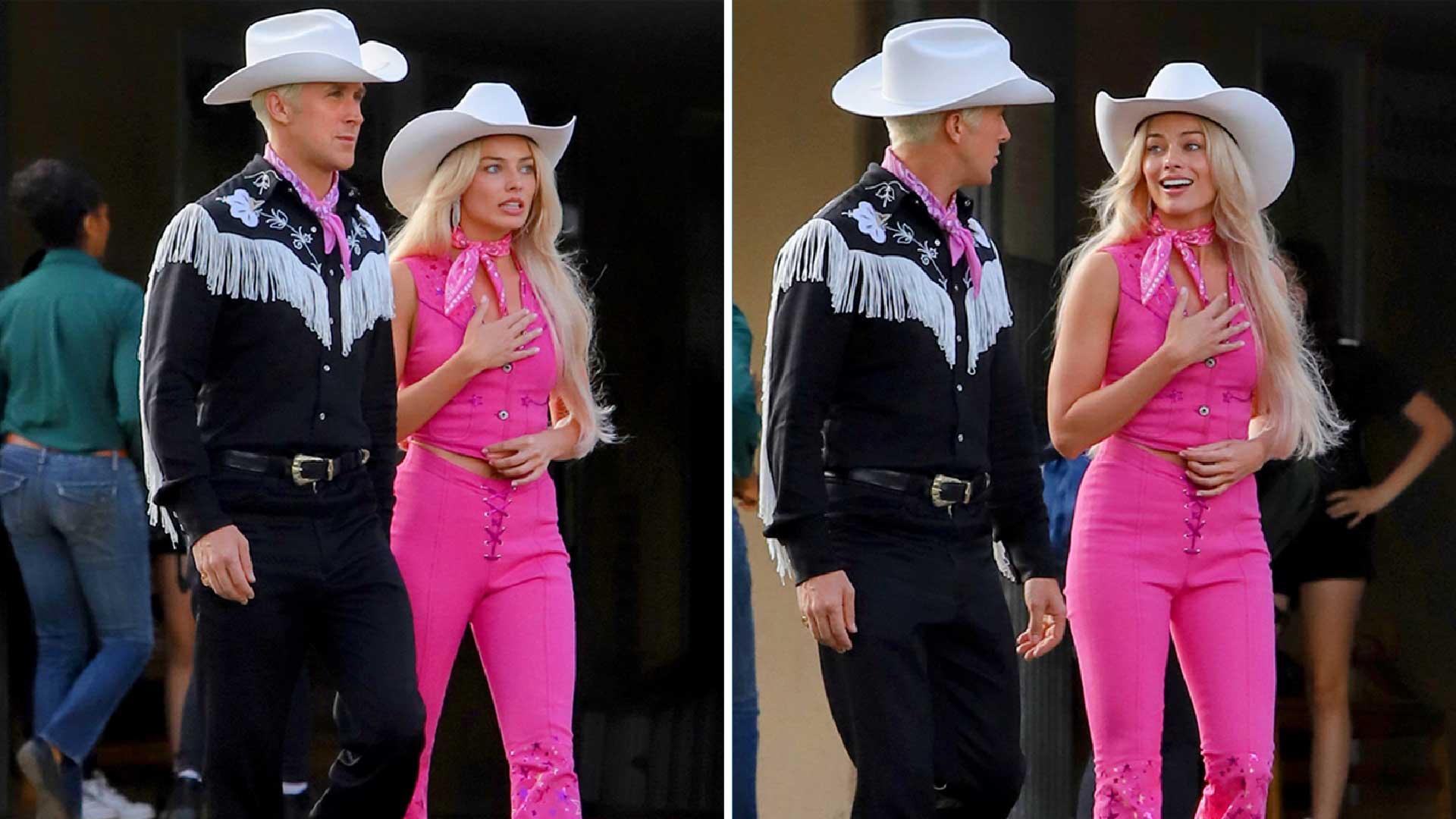 Robbie and Gosling in cowboy costume for Barbie shoot.