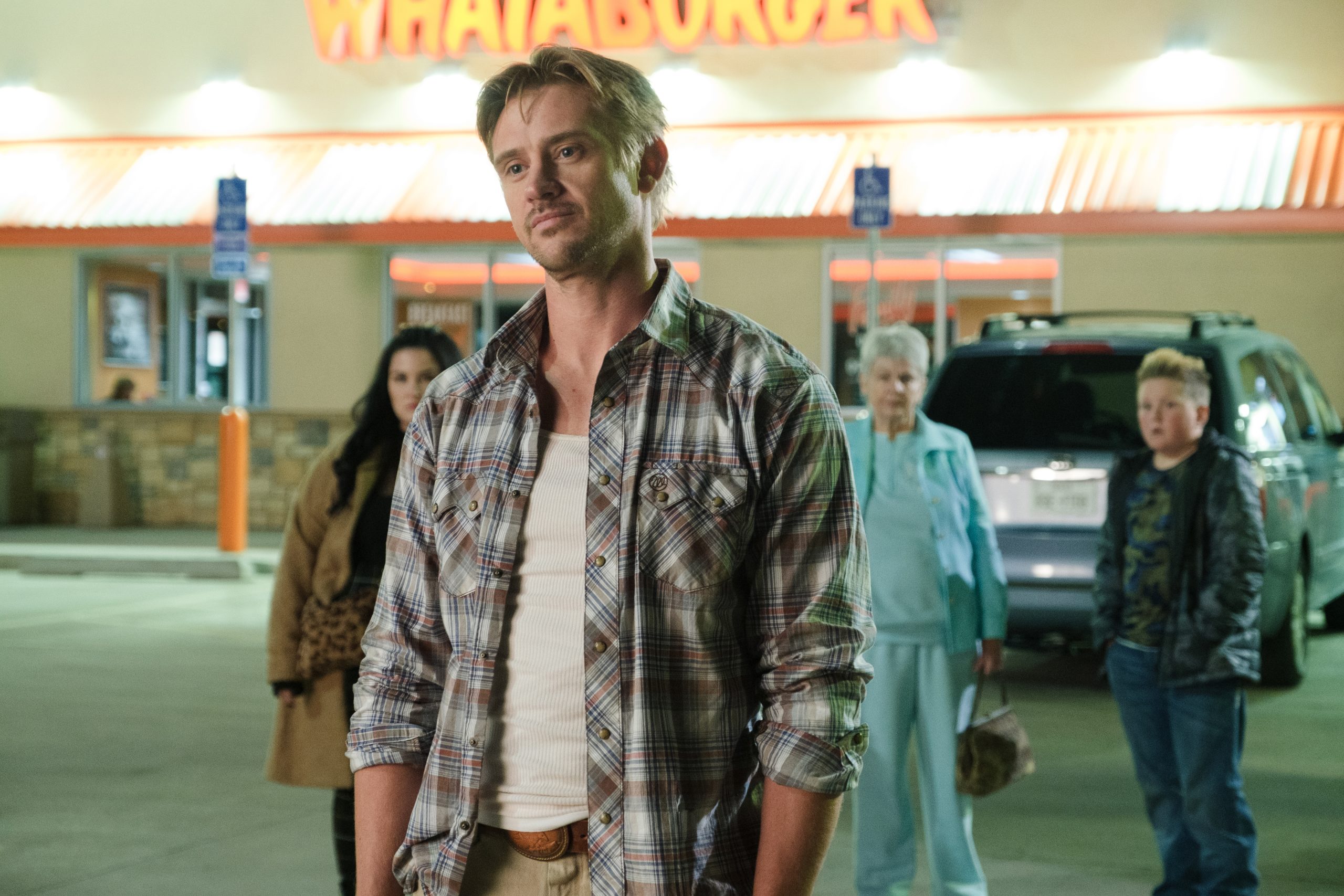 (L to R) Isabella Amara as Paris Shaw, Boyd Holbrook as Ty Shaw, Louanne Stephens as Granny Carole, and Eli Abrams Bickel as El Stupido in VENGEANCE, written and directed by B.J. Novak and released by Focus Features. Credit: Patti Perret / Focus Features