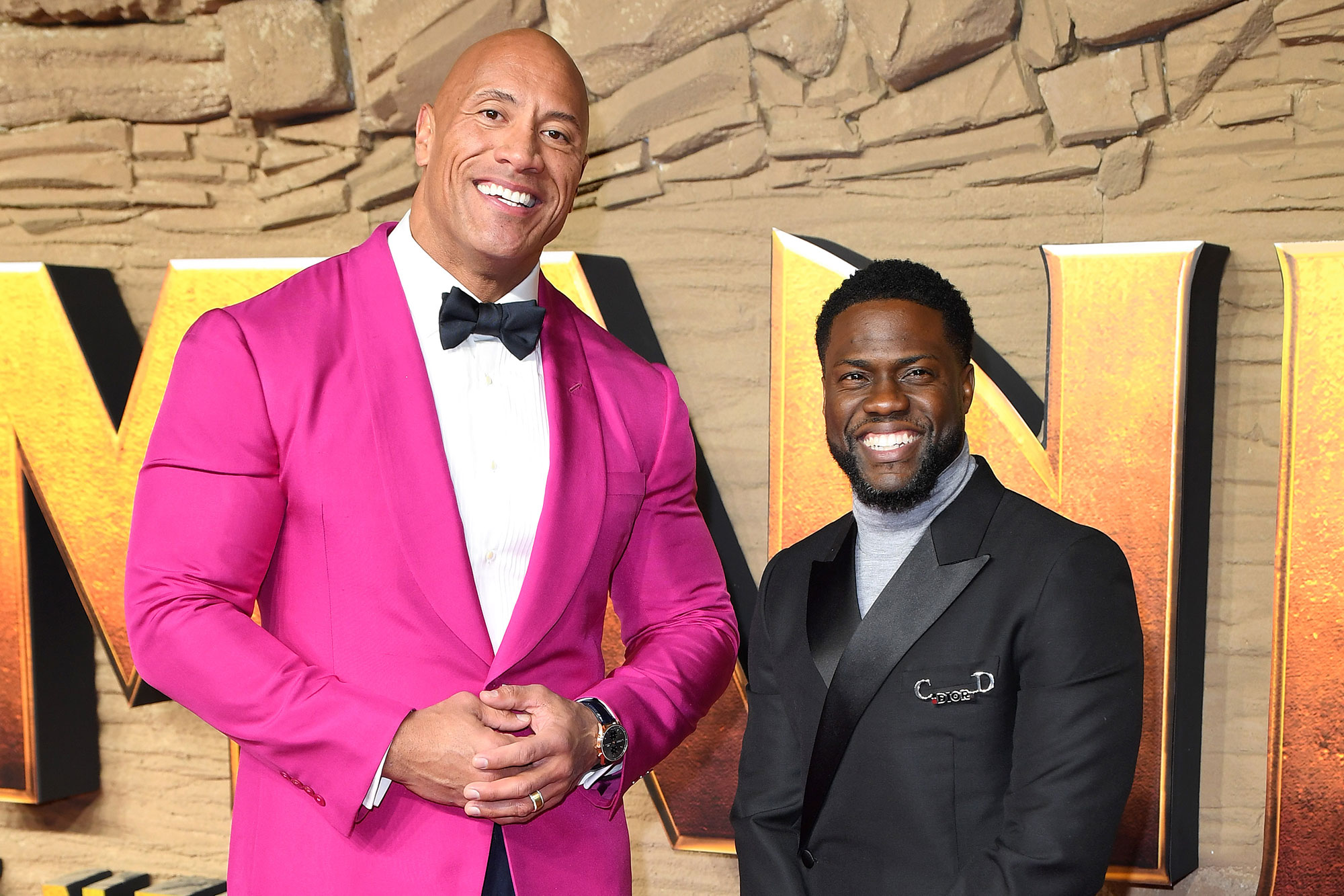 Kevin Hart and Dwayne Johnson at the premiere of Jumanji.