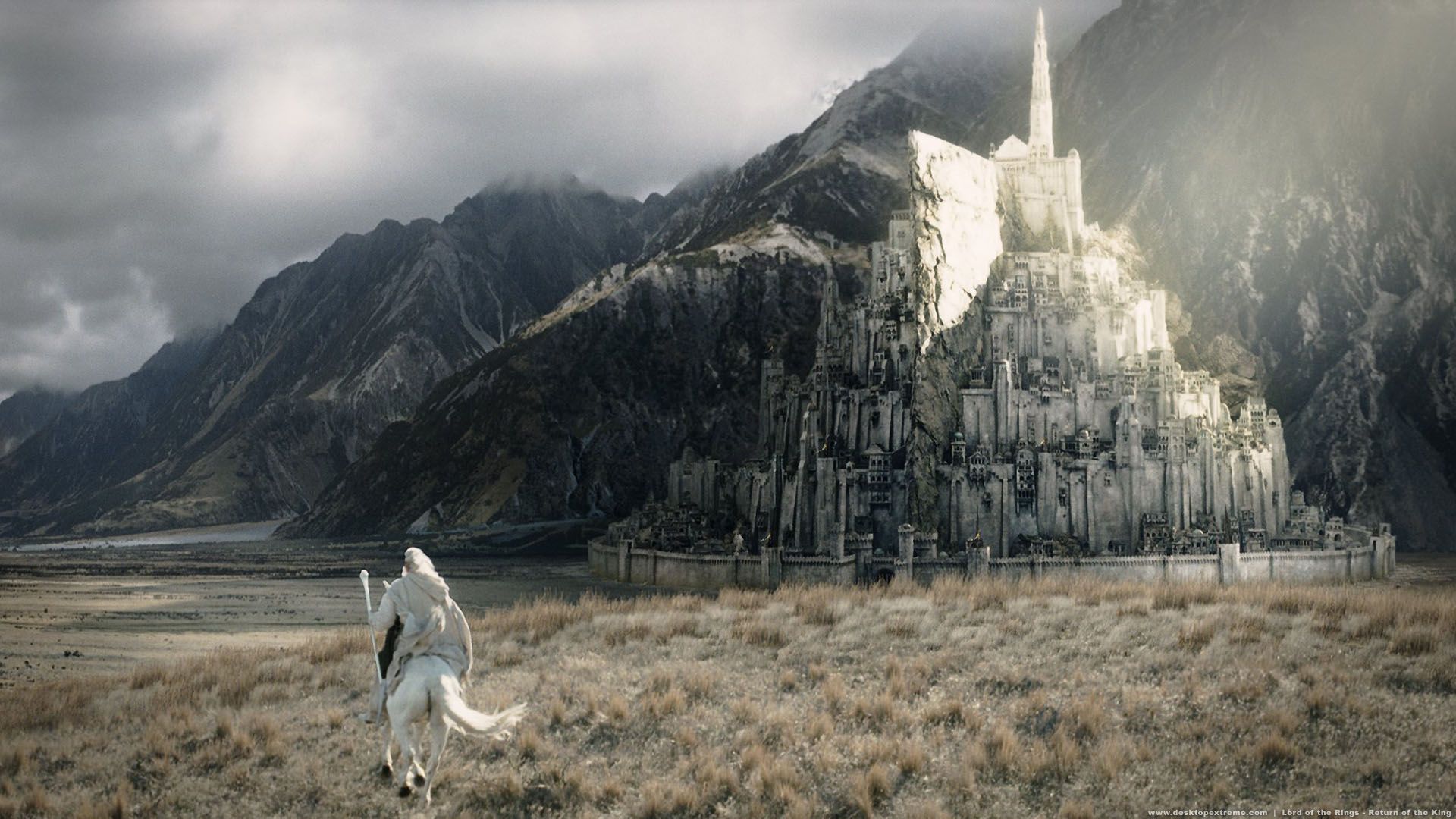 Ian McKellen as Gandalf riding towards Minas Tirith in The Lord of the Rings.